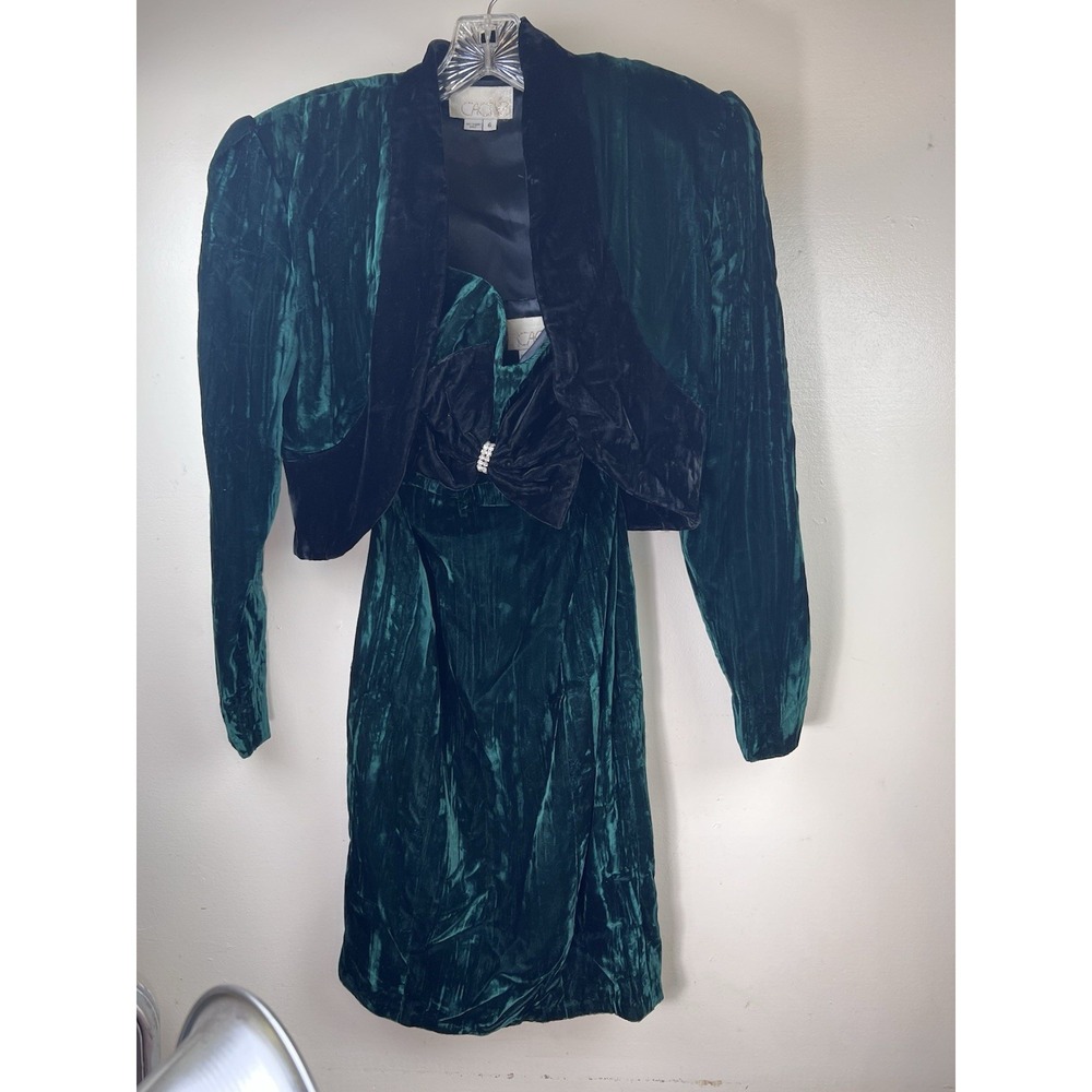 Vintage Velvet Dress & Bolero Set Strapless Emerald Green Dress Size 6 Cache‎